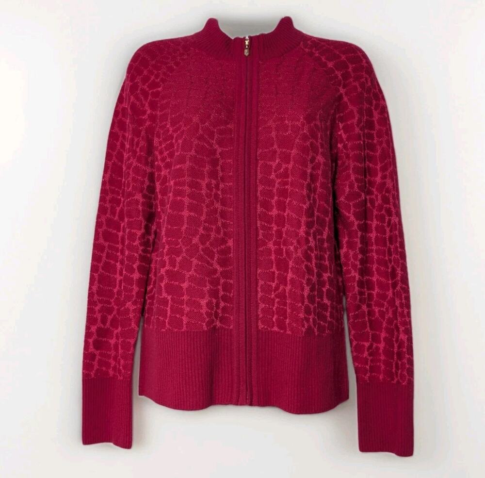 St John Sweater Womens Dark Pink Giraffe Gold Full Zip Cashmere Blend Jacket M - Picture 1 of 7